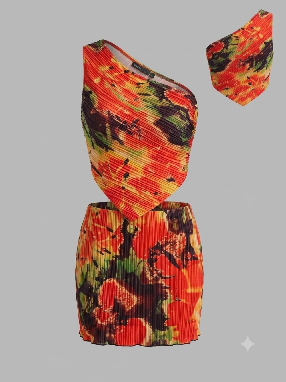 PrettyLittleThing One-Shoulder Pleated Mini Two Piece in Orange, Green and Black